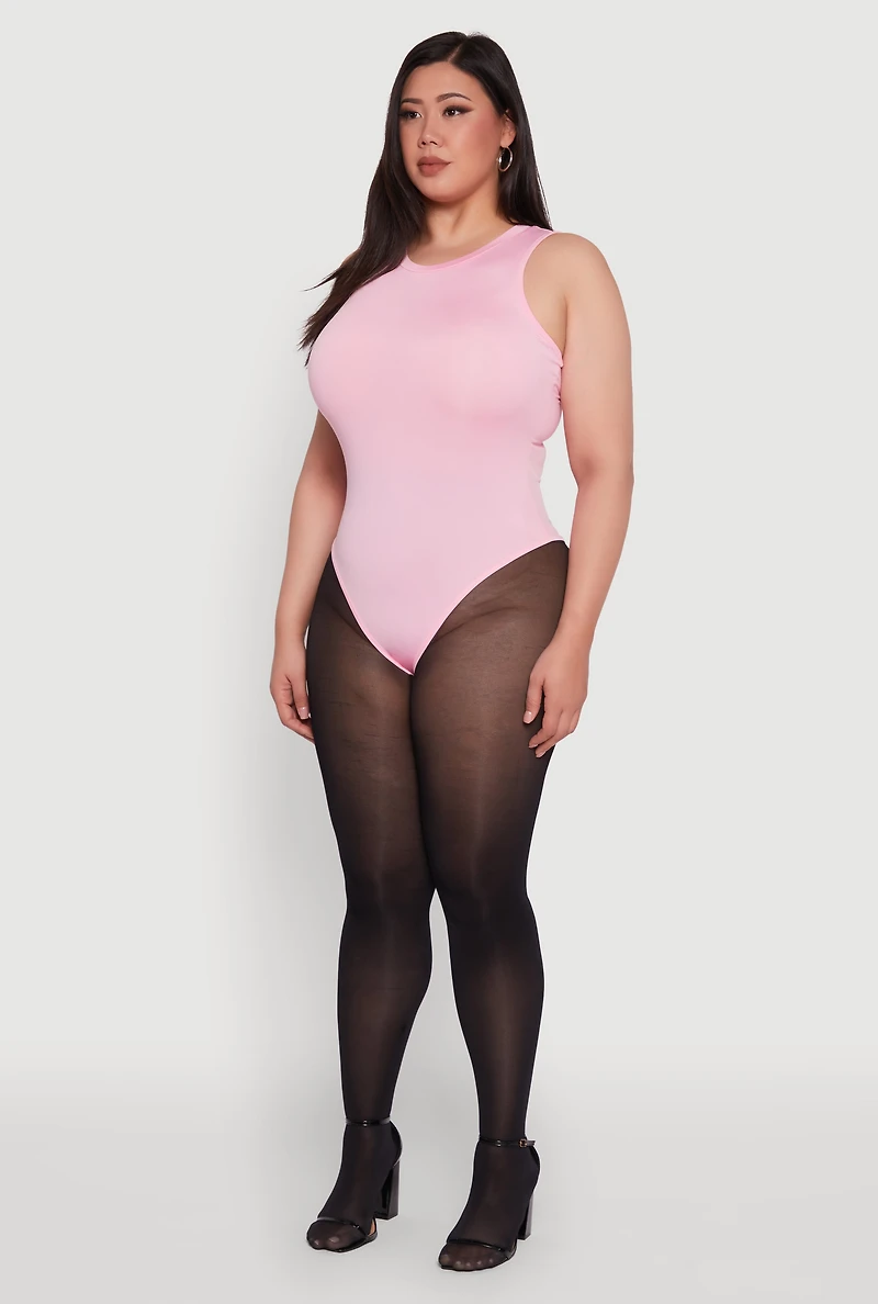Womens Plus Daisy Sleeveless Crew Neck Bodysuit, Pink,