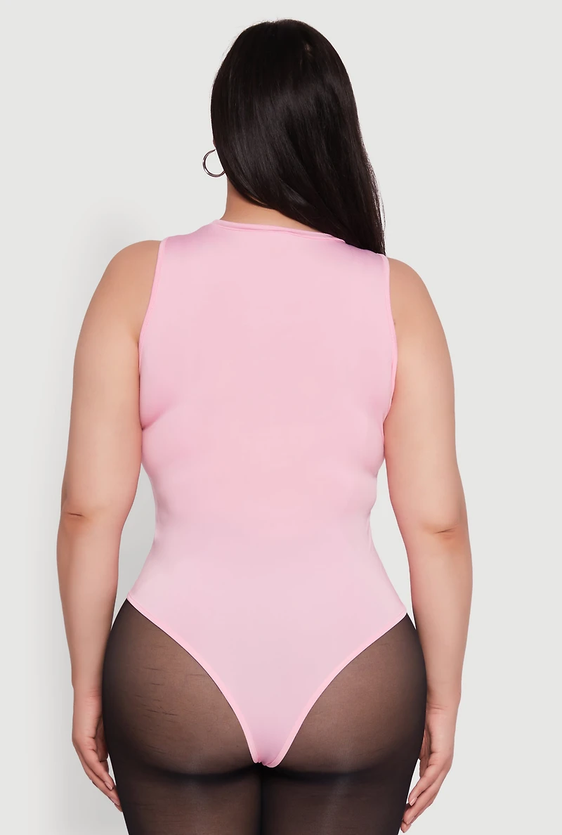 Womens Plus Daisy Sleeveless Crew Neck Bodysuit, Pink,