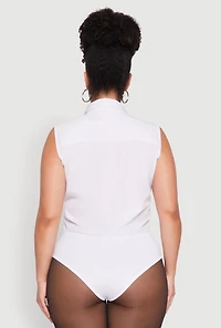 Womens Plus Daisy Sleeveless Button Front Bodysuit, White,