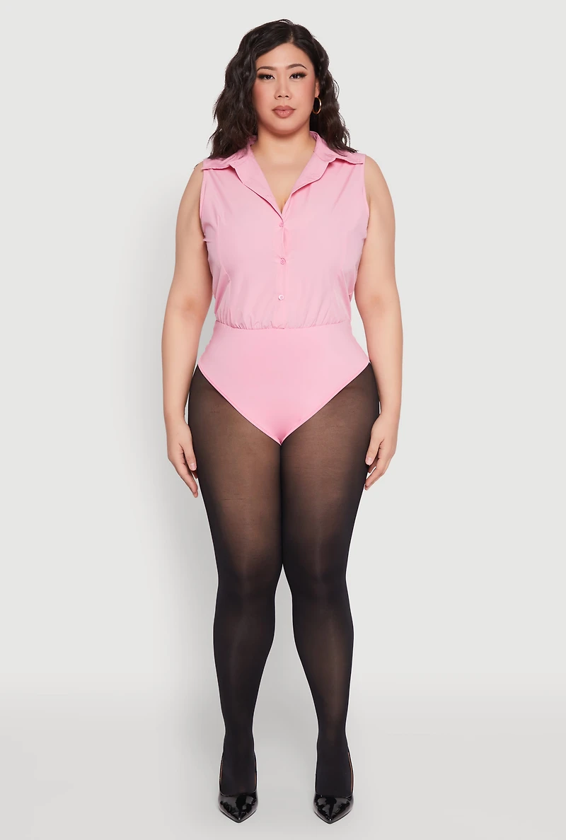 Womens Plus Size Daisy Sleeveless Button Front Bodysuit, Pink, Size 2X