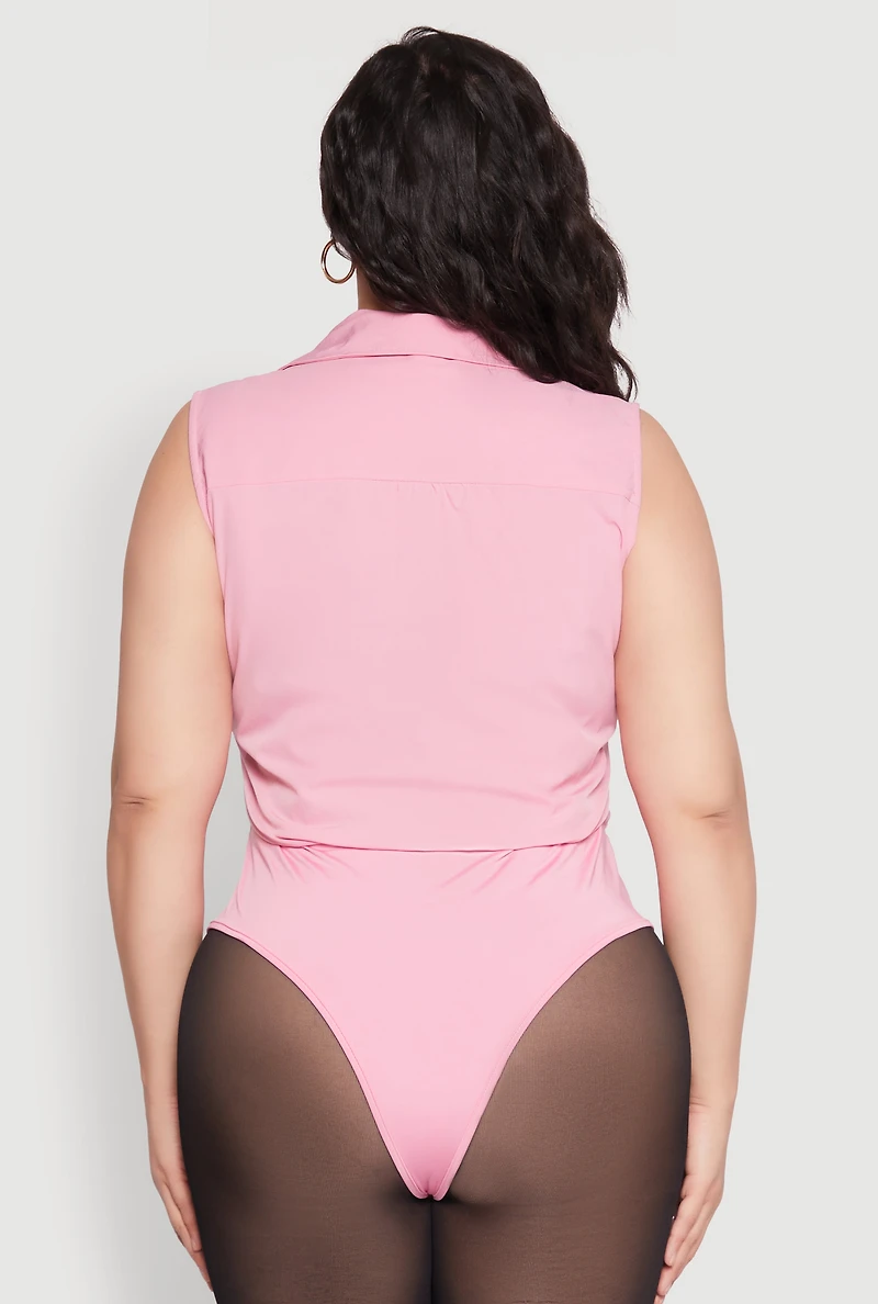 Womens Plus Size Daisy Sleeveless Button Front Bodysuit, Pink, Size 2X
