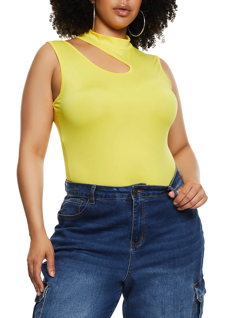 Womens Plus Size Daisy Mock Neck Cut Out Tank Bodysuit, Yellow, Size 3X