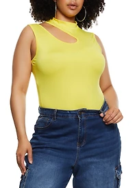 Womens Plus Size Daisy Mock Neck Cut Out Tank Bodysuit, Yellow, Size 3X