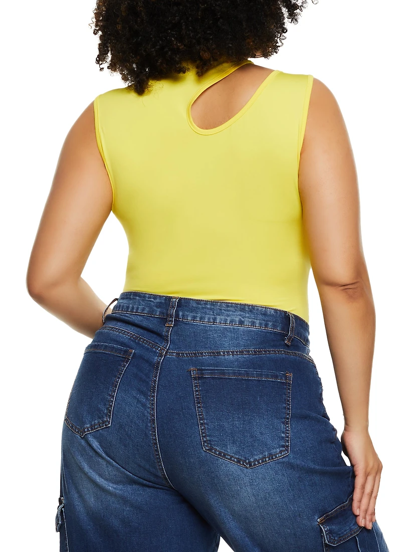 Womens Plus Size Daisy Mock Neck Cut Out Tank Bodysuit, Yellow, Size 3X