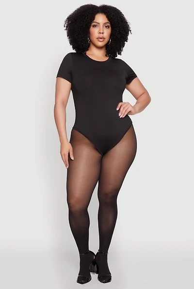 Womens Plus Size Daisy Crew Neck Short Sleeve Bodysuit, Black, Size 3X