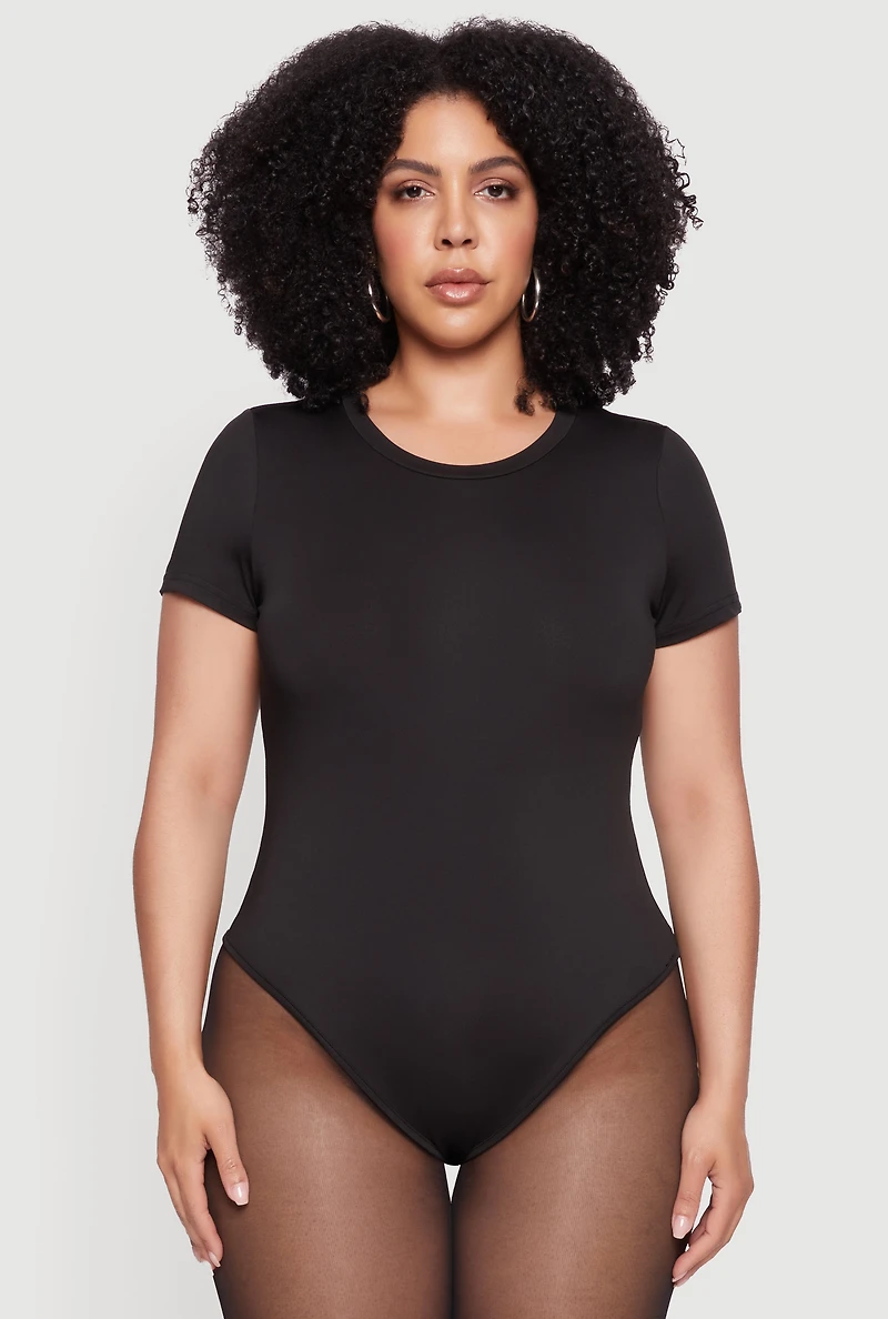 Womens Plus Size Daisy Crew Neck Short Sleeve Bodysuit, Black, Size 3X