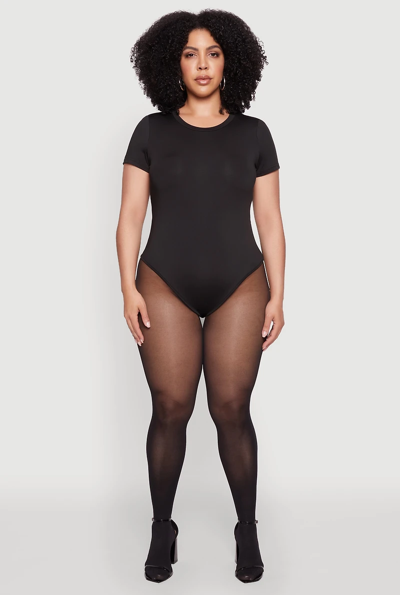 Womens Plus Size Daisy Crew Neck Short Sleeve Bodysuit, Black, Size 3X