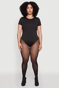 Womens Plus Size Daisy Crew Neck Short Sleeve Bodysuit, Black, Size 3X