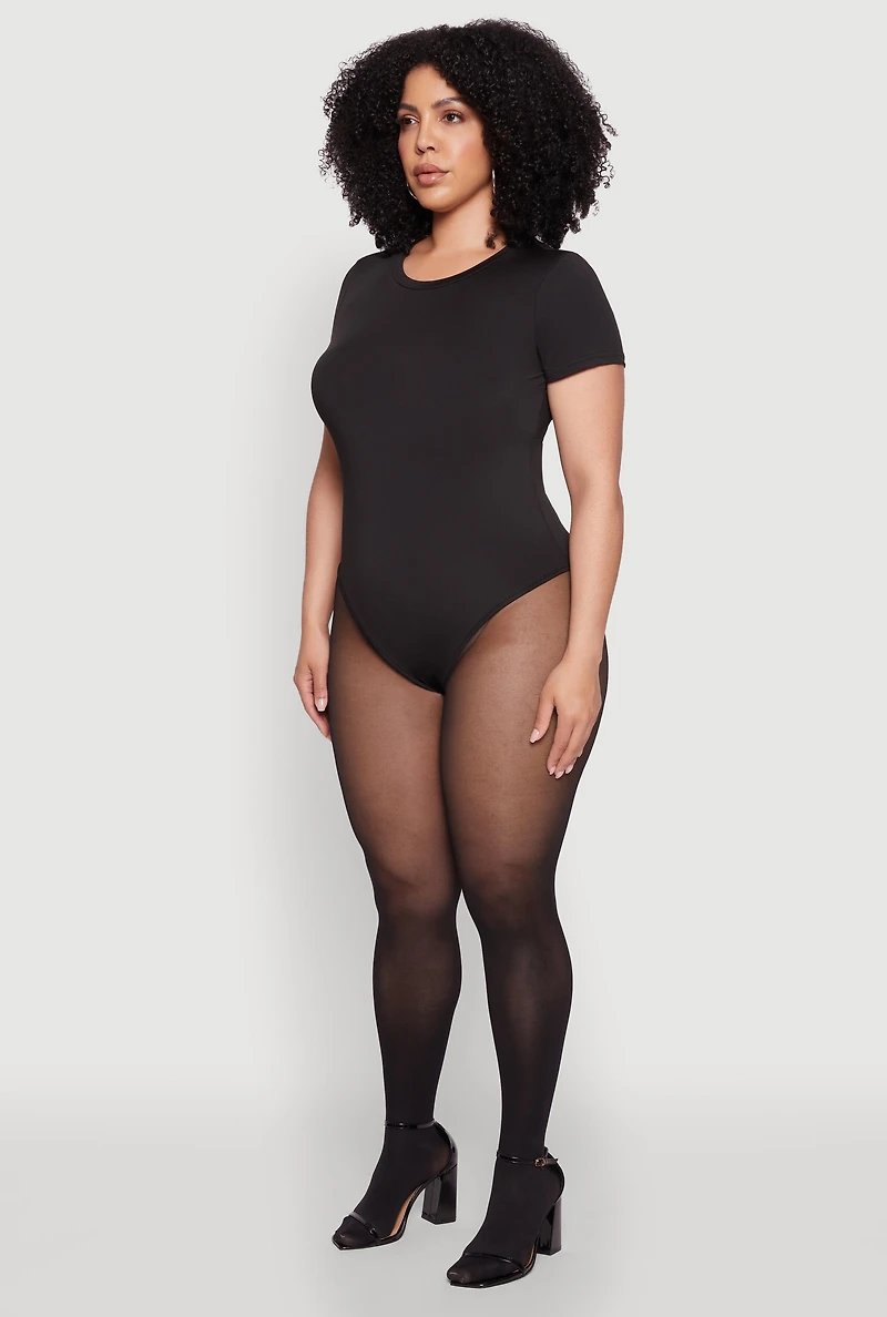 Womens Plus Size Daisy Crew Neck Short Sleeve Bodysuit, Black, Size 3X