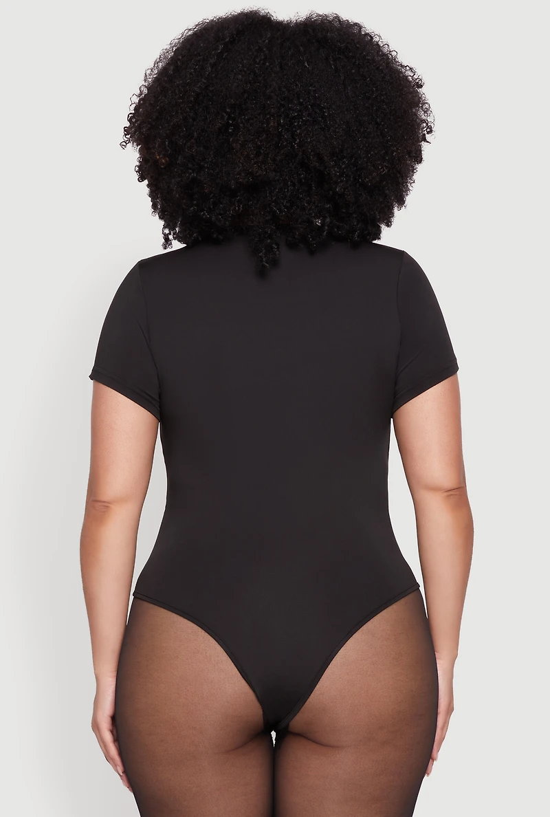 Womens Plus Size Daisy Crew Neck Short Sleeve Bodysuit, Black, Size 3X