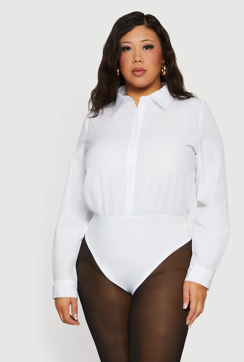 Plus Poplin Button Front Shirt Bodysuit