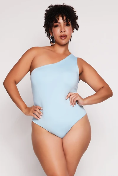 Womens Plus Size Daisy Double Lined One Shoulder Bodysuit, Blue, Size 3X