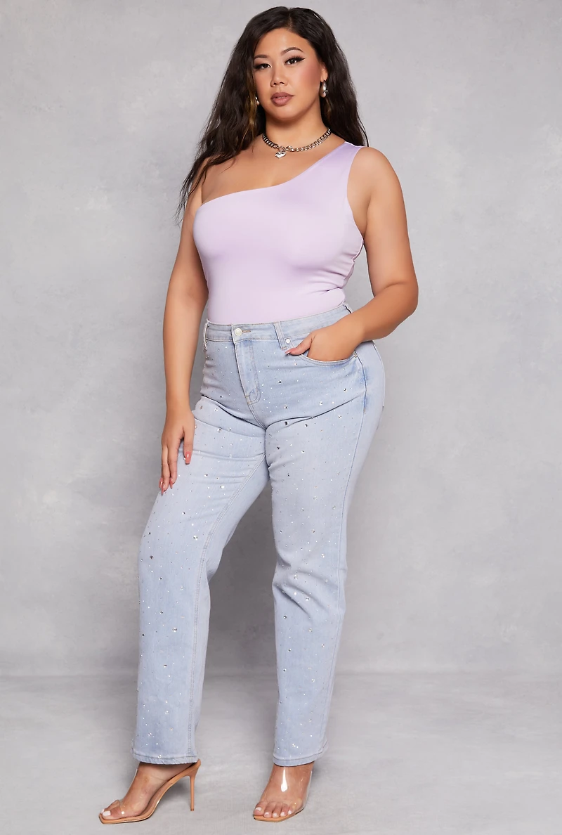 Womens Plus Size Daisy Double Lined One Shoulder Bodysuit, Purple, Size 3X