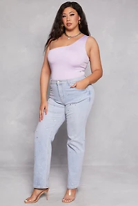 Womens Plus Size Daisy Double Lined One Shoulder Bodysuit, Purple, Size 3X