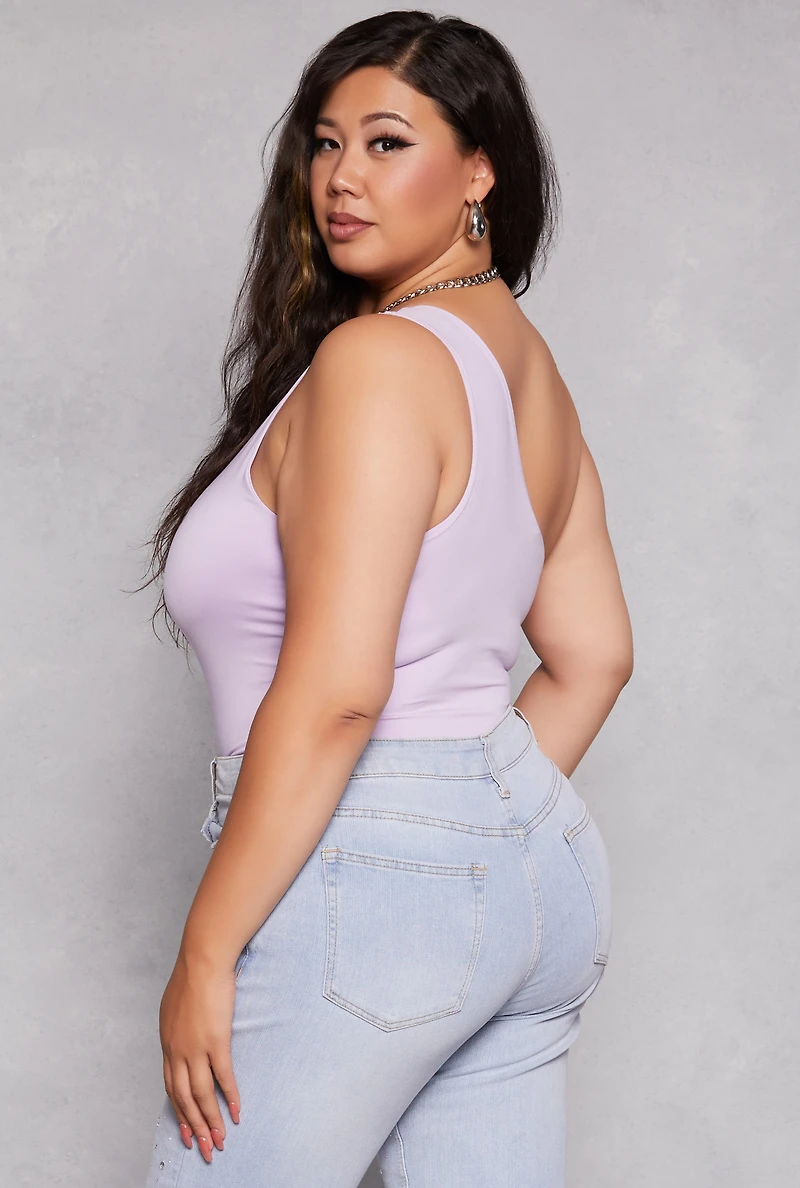 Womens Plus Size Daisy Double Lined One Shoulder Bodysuit, Purple, Size 3X