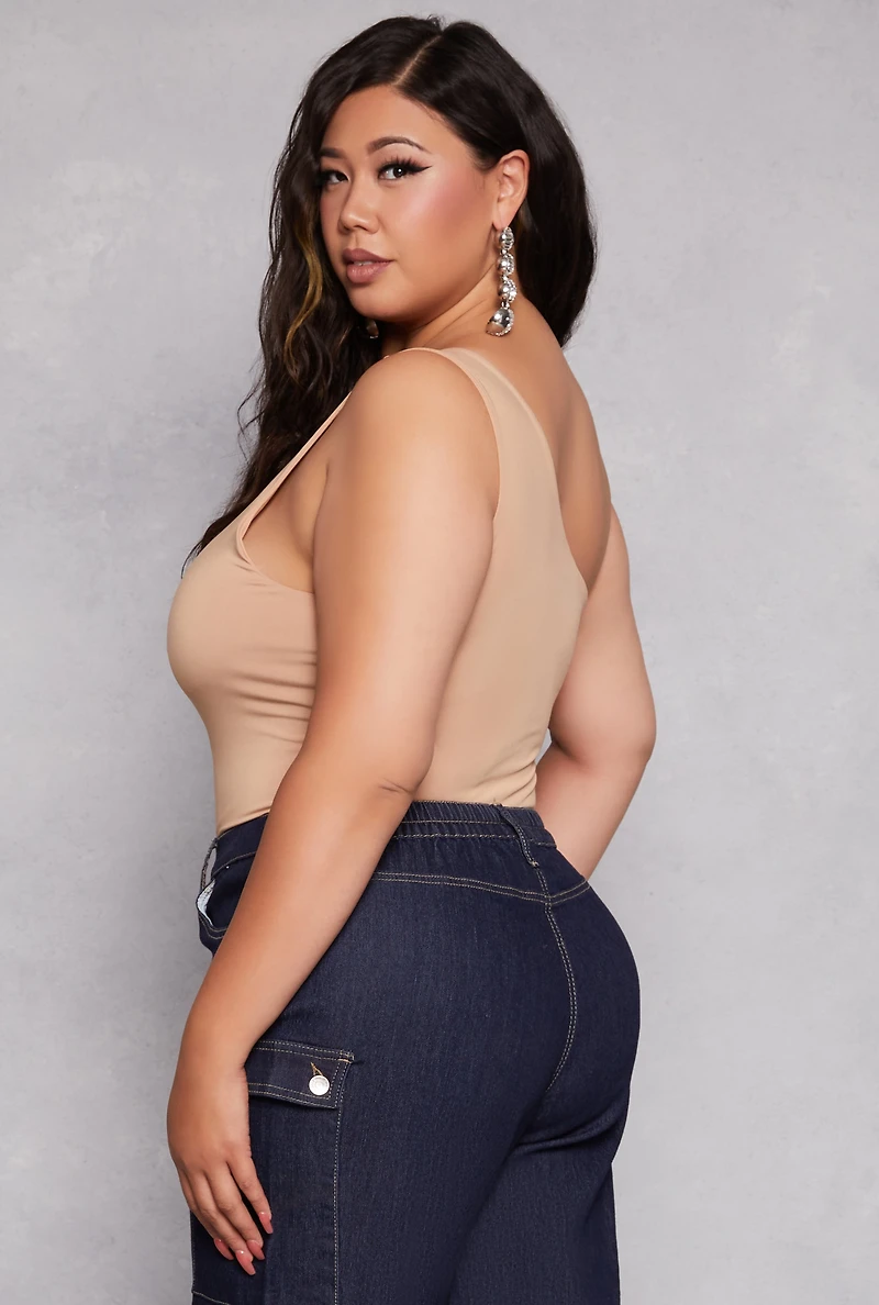 Womens Plus Size Daisy Double Lined One Shoulder Bodysuit, Beige, Size 3X