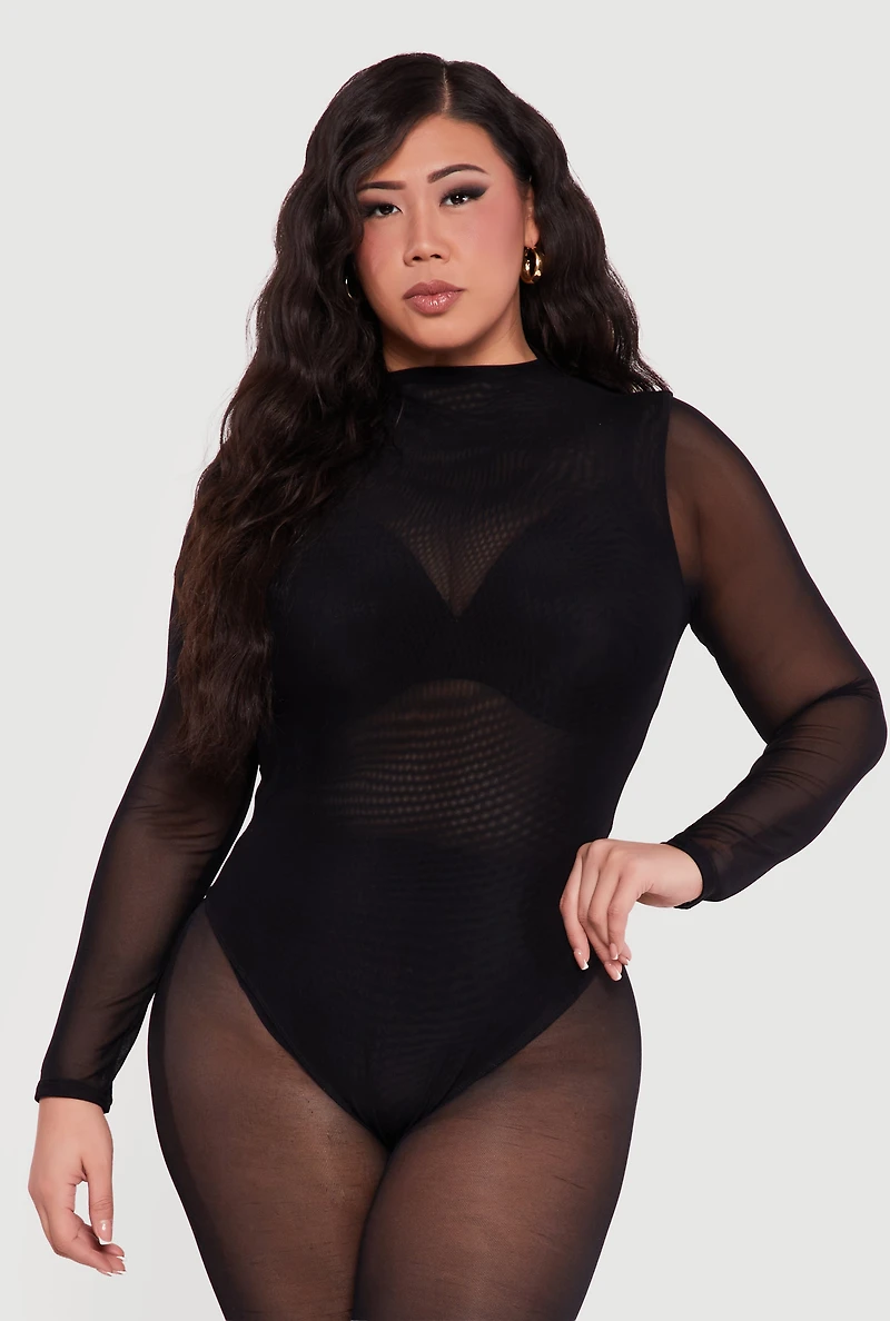 Plus Mesh High Neck Long Sleeve Bodysuit