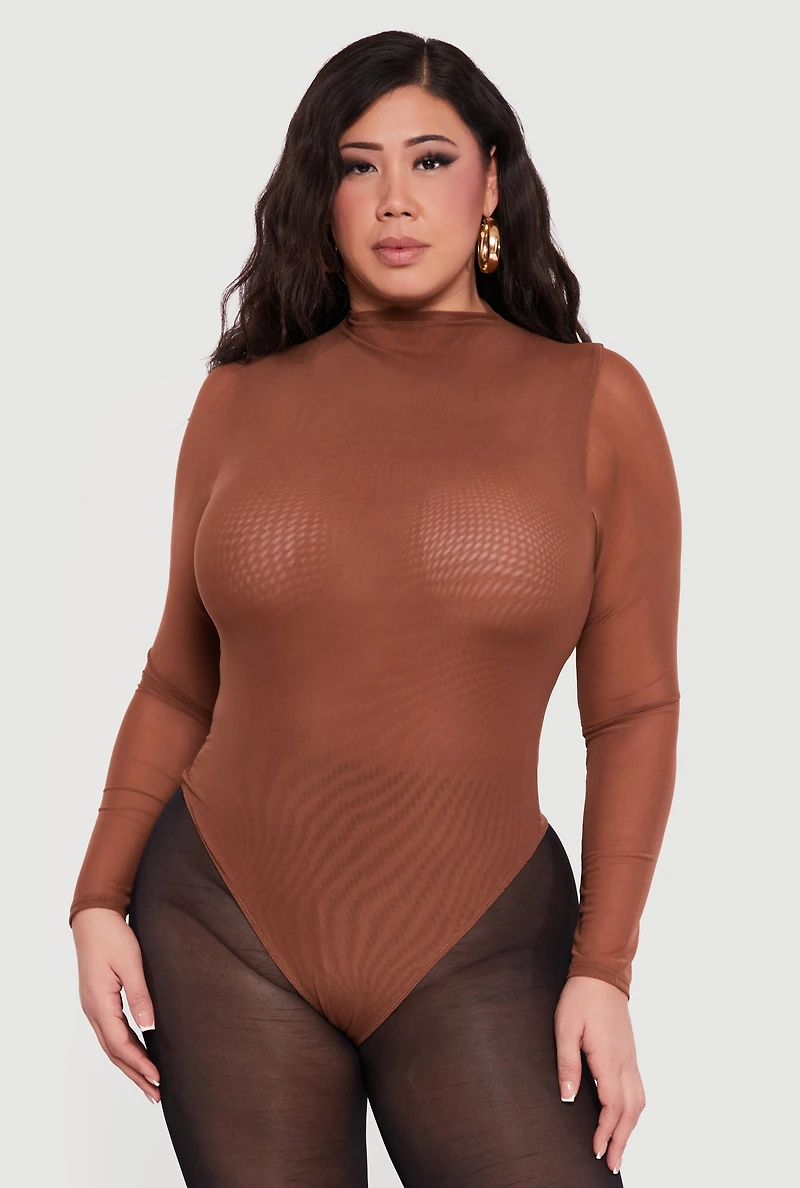Plus Mesh High Neck Long Sleeve Bodysuit