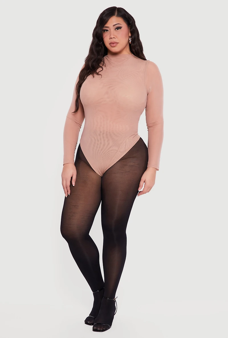 Plus Mesh High Neck Long Sleeve Bodysuit