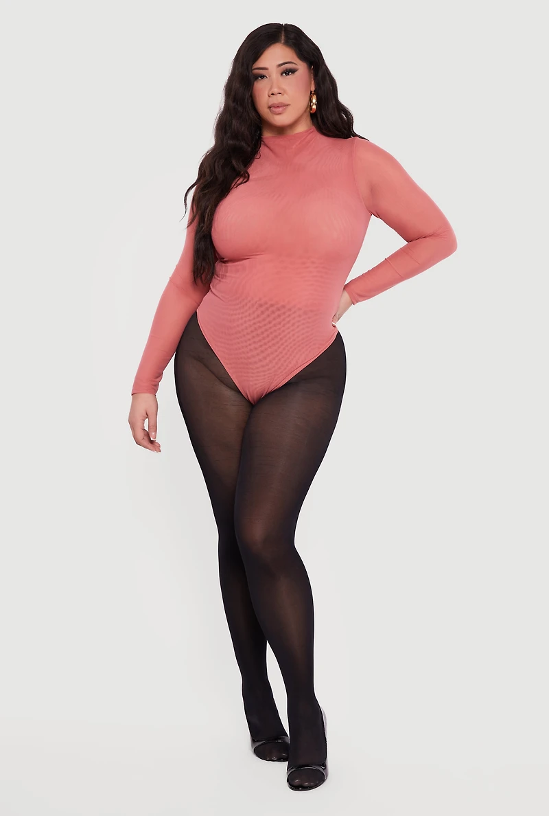 Plus Mesh High Neck Long Sleeve Bodysuit