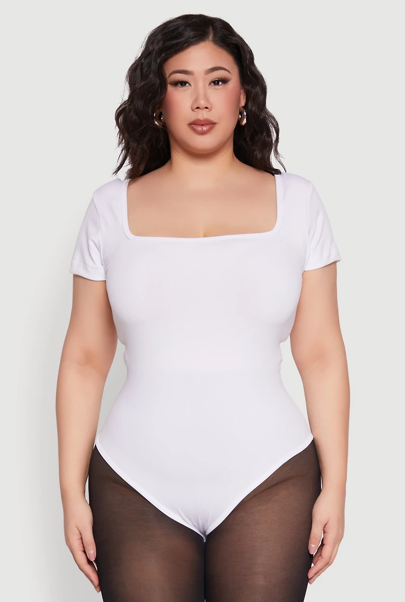 Womens Plus Size Seamless Square Neck Bodysuit, White, Size 1X-2X