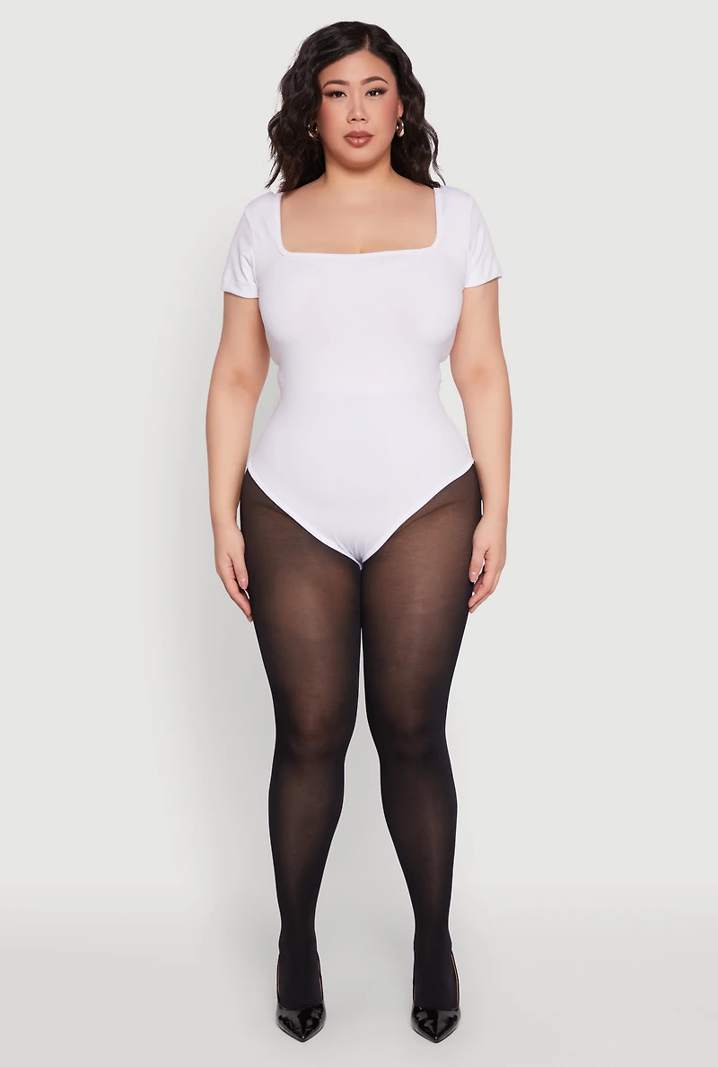 Womens Plus Size Seamless Square Neck Bodysuit, White, Size 1X-2X