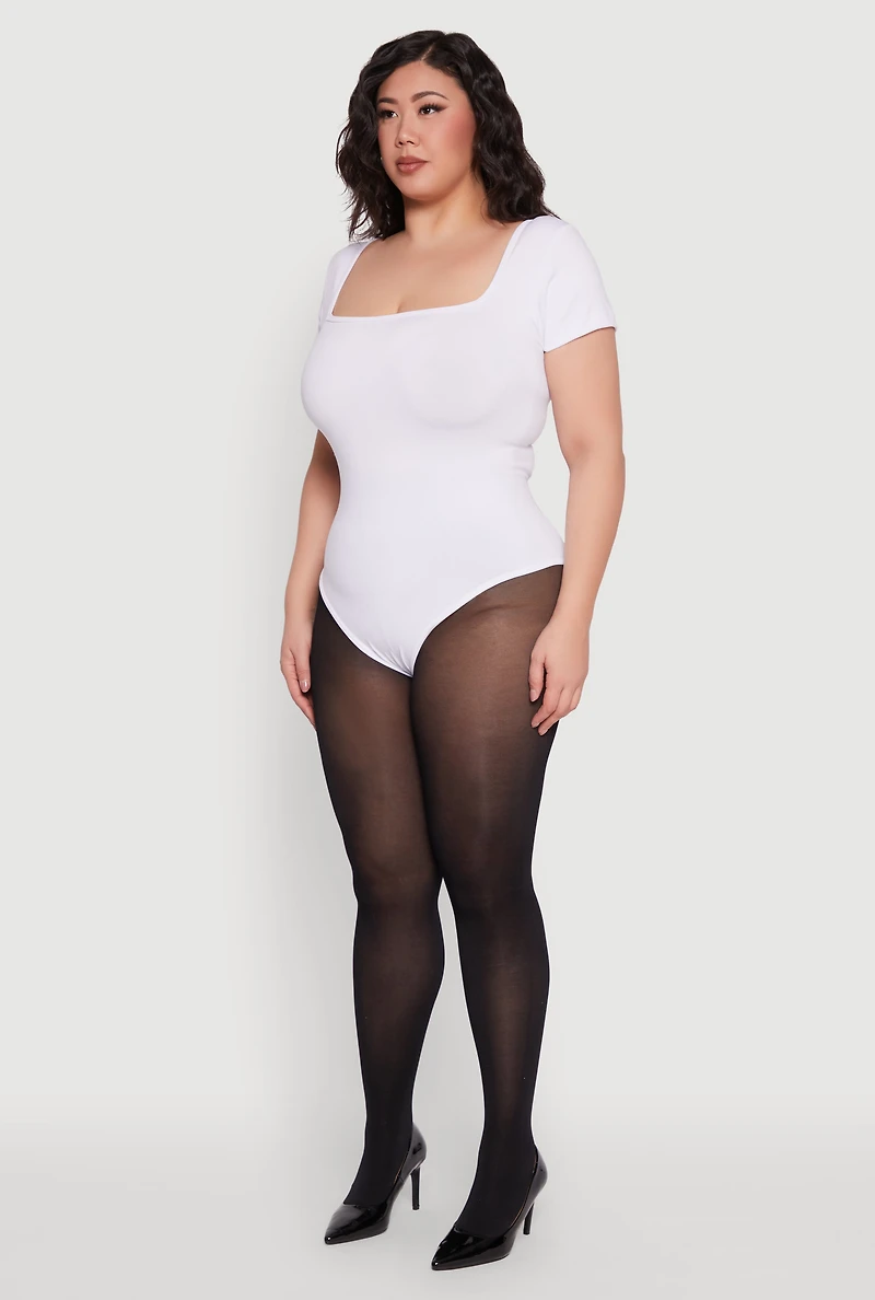 Womens Plus Size Seamless Square Neck Bodysuit, White, Size 1X-2X