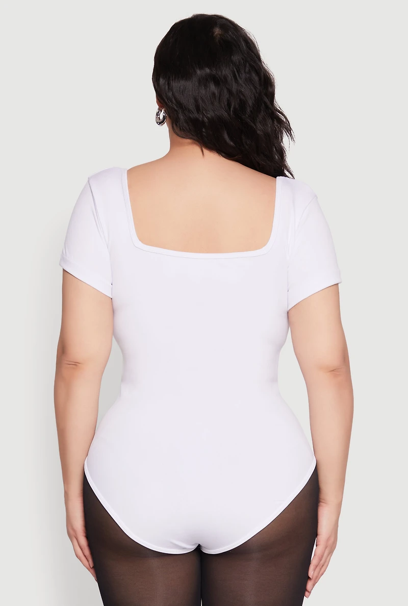 Womens Plus Size Seamless Square Neck Bodysuit, White, Size 1X-2X