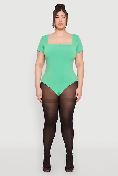 Womens Plus Size Seamless Square Neck Bodysuit, Green, Size 2X-3X