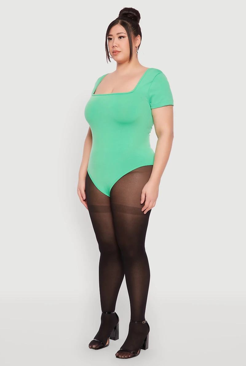 Womens Plus Size Seamless Square Neck Bodysuit, Green, Size 2X-3X