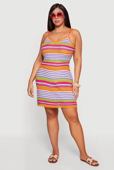 Plus Pointelle Knit Detail Striped Dress with Tie Straps