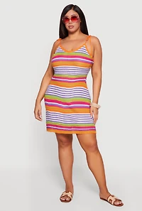Plus Pointelle Knit Detail Striped Dress with Tie Straps
