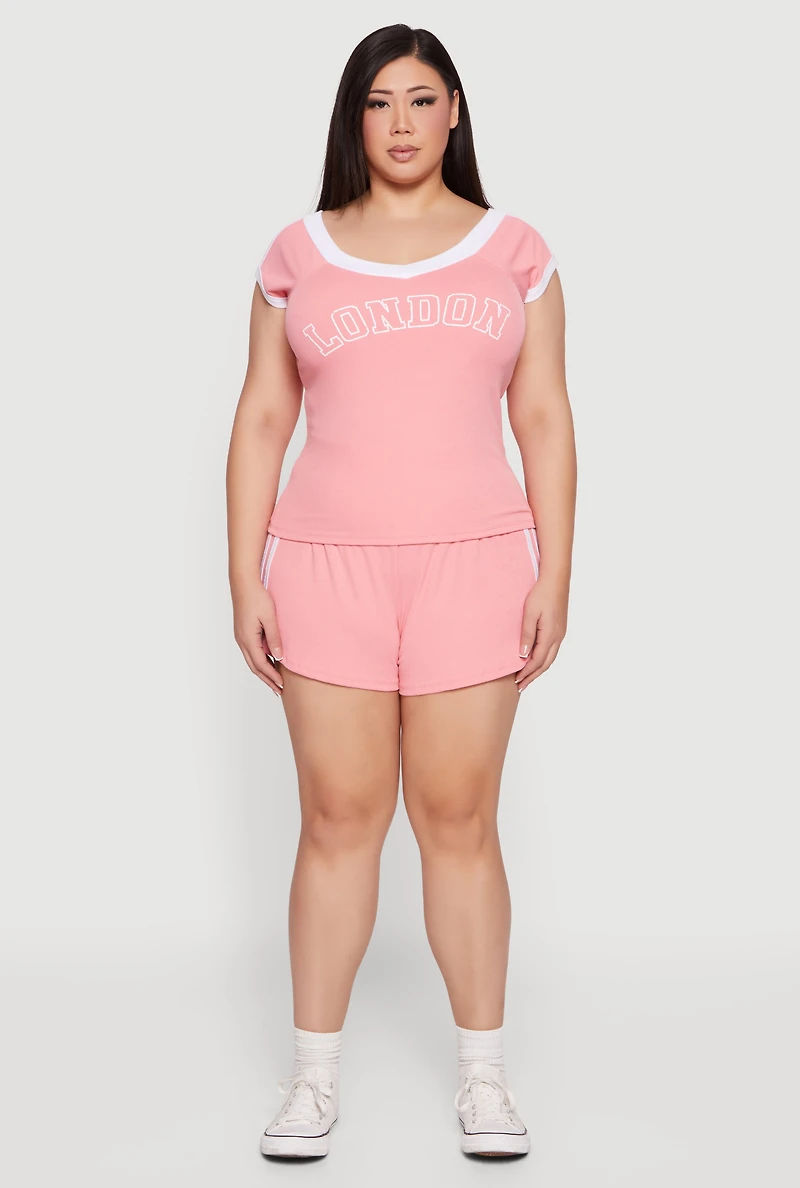 Womens Plus Size Soft Rib Knit London Graphic Top, Pink, Size 2X