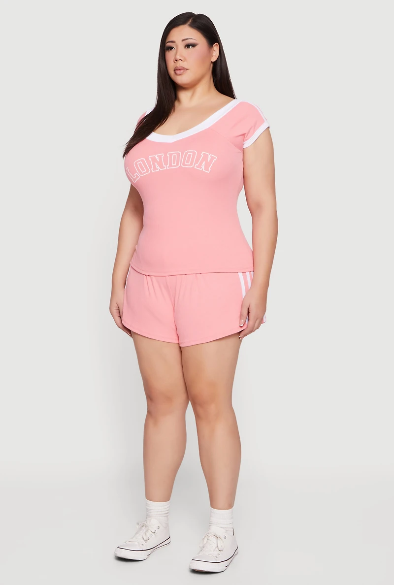 Womens Plus Size Soft Rib Knit London Graphic Top, Pink, Size 2X