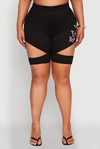 Womens Plus Size Butterfly Cut Out Biker Shorts, Black, Size 3X