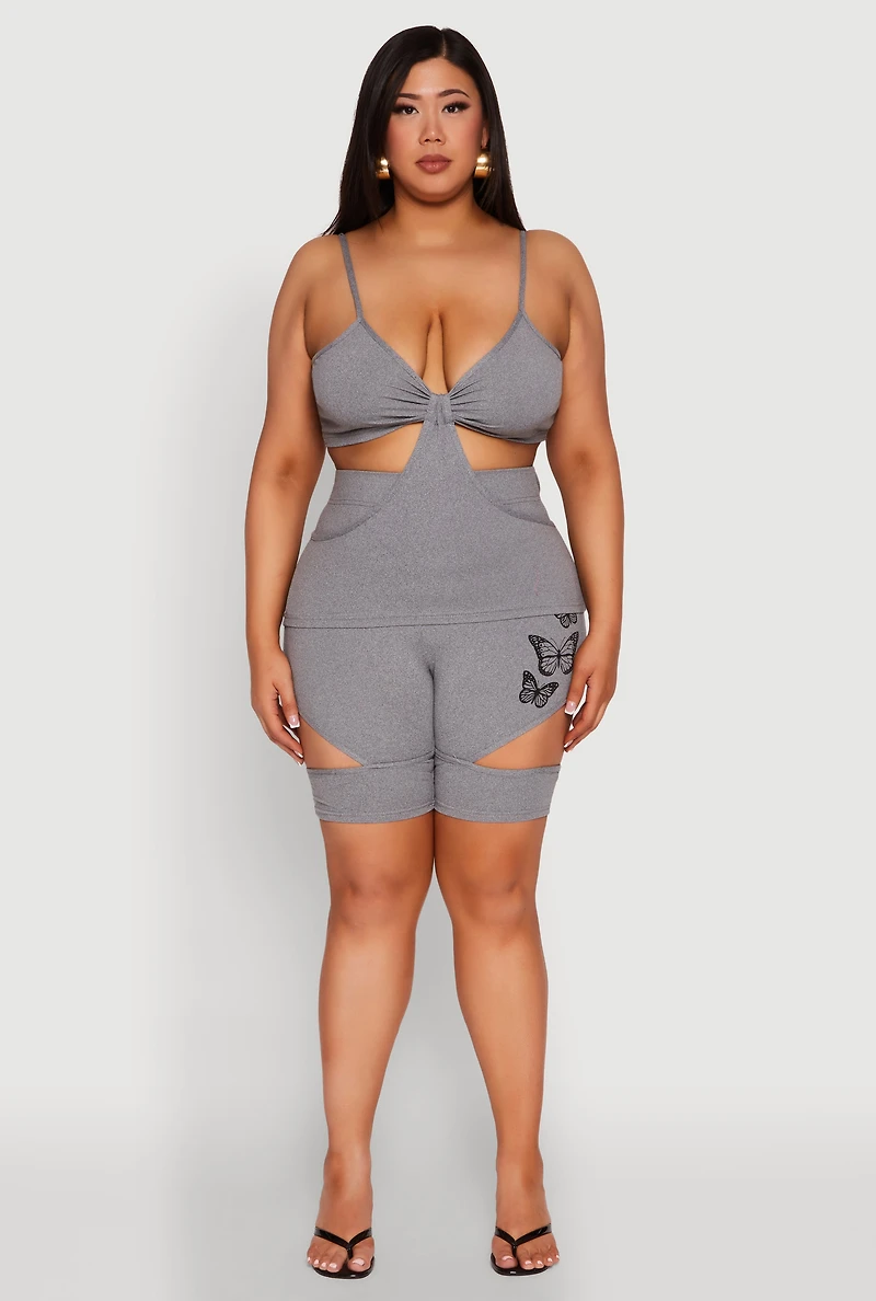 Womens Plus Butterfly Cut Out Biker Shorts, Grey,