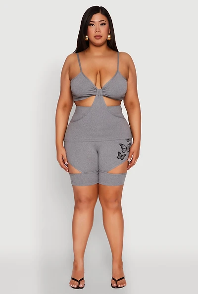 Womens Plus Butterfly Cut Out Biker Shorts, Grey,