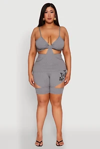 Womens Plus Butterfly Cut Out Biker Shorts, Grey,