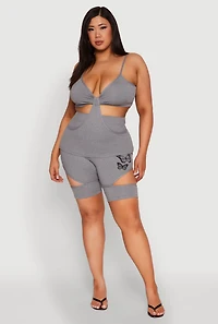 Womens Plus Butterfly Cut Out Biker Shorts, Grey,