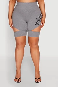 Womens Plus Butterfly Cut Out Biker Shorts, Grey,