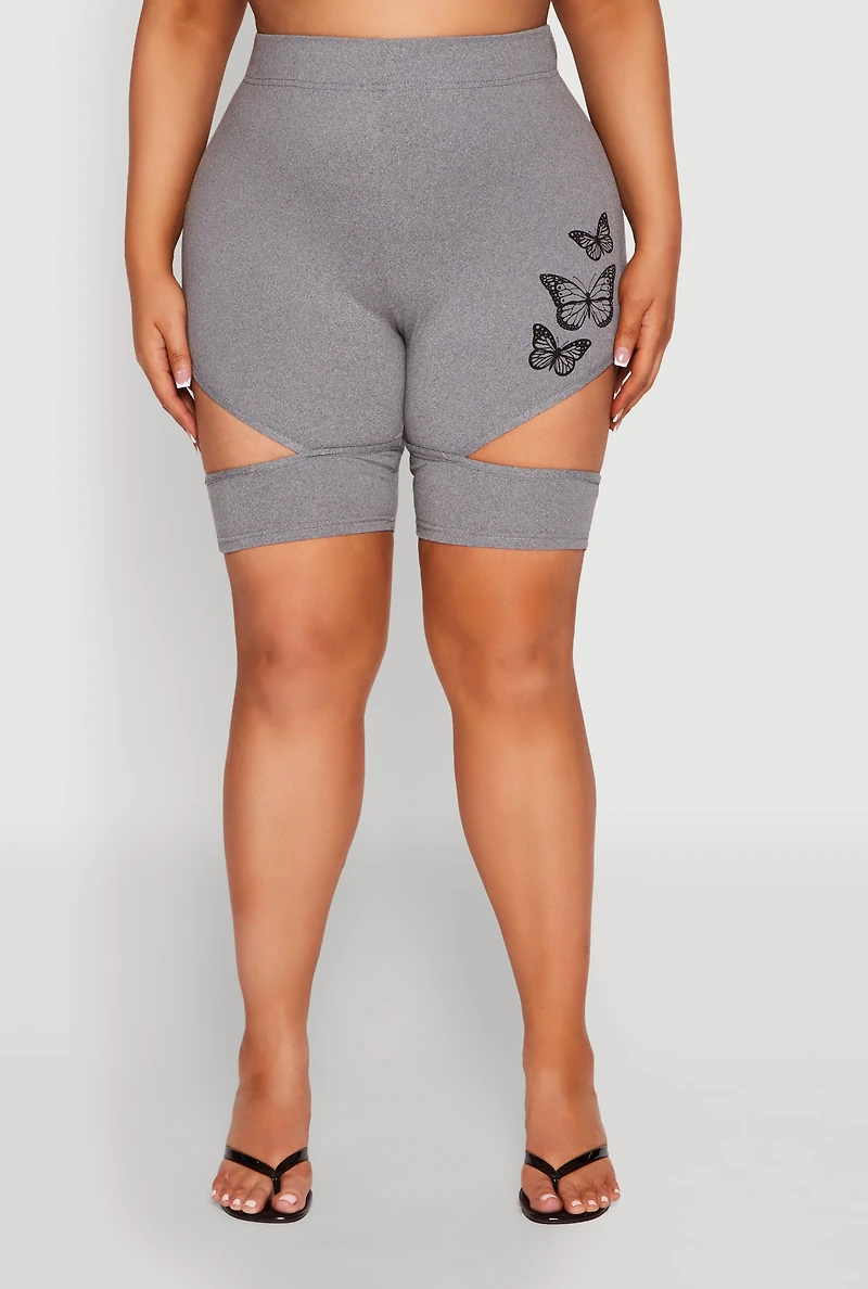 Womens Plus Size Butterfly Cut Out Biker Shorts, Grey, Size 4X