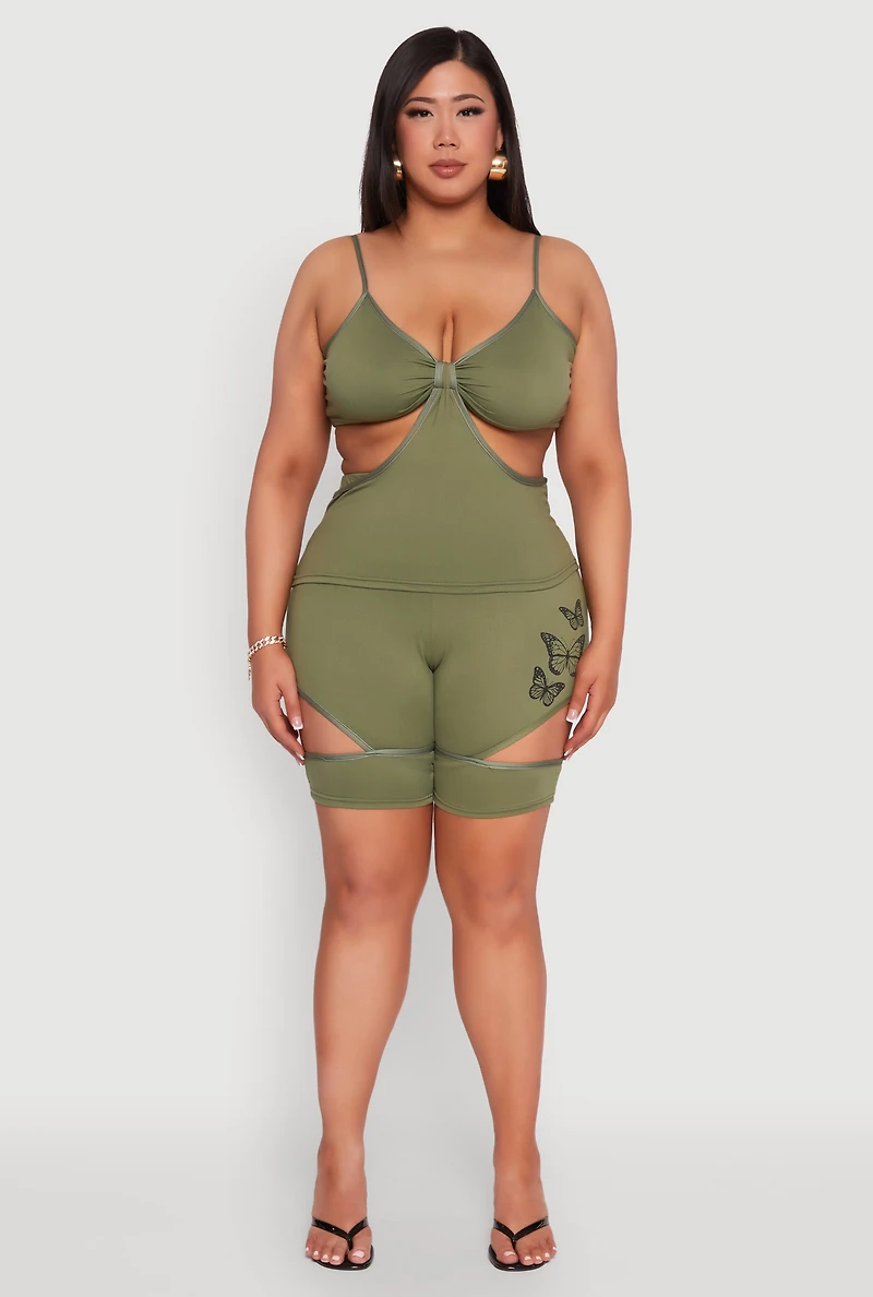 Womens Plus Size Butterfly Cut Out Biker Shorts, Green, Size 4X
