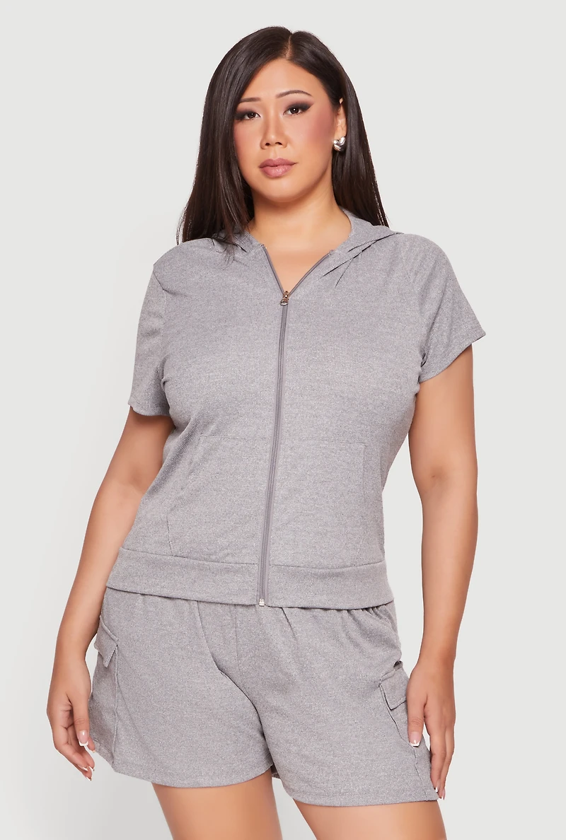 Plus Zip Front Short Sleeve Hoodie