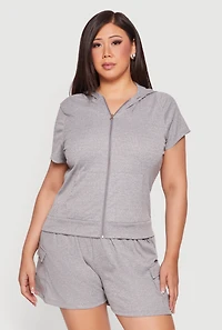 Plus Zip Front Short Sleeve Hoodie