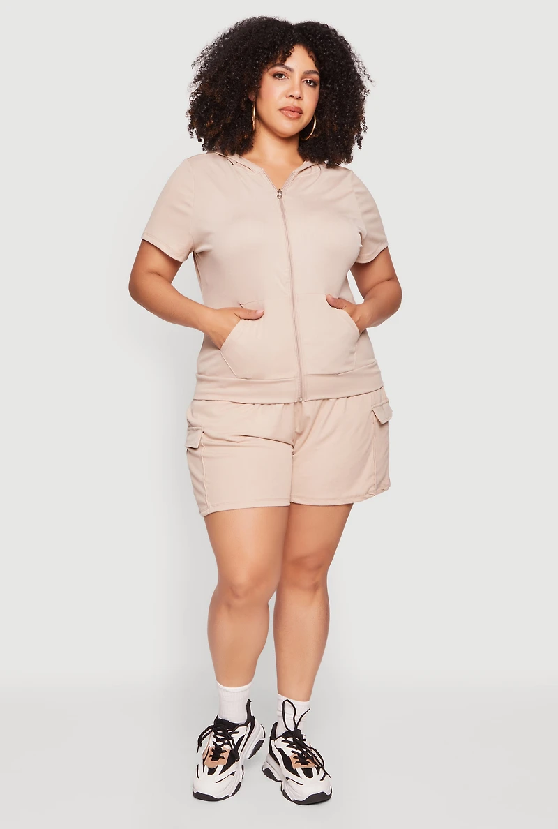 Plus Zip Front Short Sleeve Hoodie