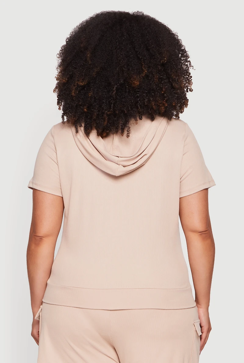 Plus Zip Front Short Sleeve Hoodie