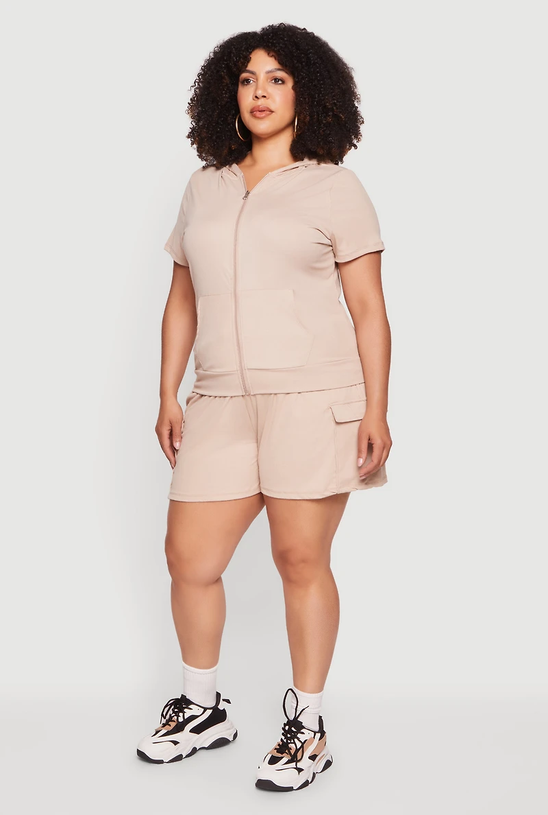 Plus Drawstring Waist Rib Knit Cargo Shorts