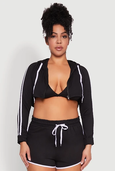 Plus Varsity Stripe Zip Front Cropped Hoodie
