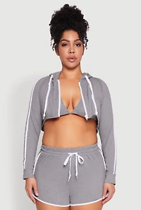 Plus Varsity Stripe Zip Front Cropped Hoodie
