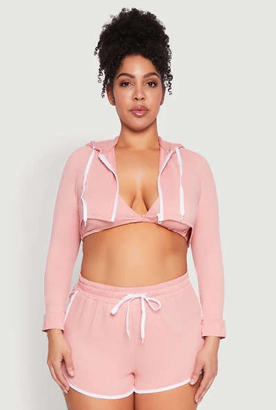 Womens Plus Size Varsity Stripe Zip Front Cropped Hoodie, Pink, Size 1X